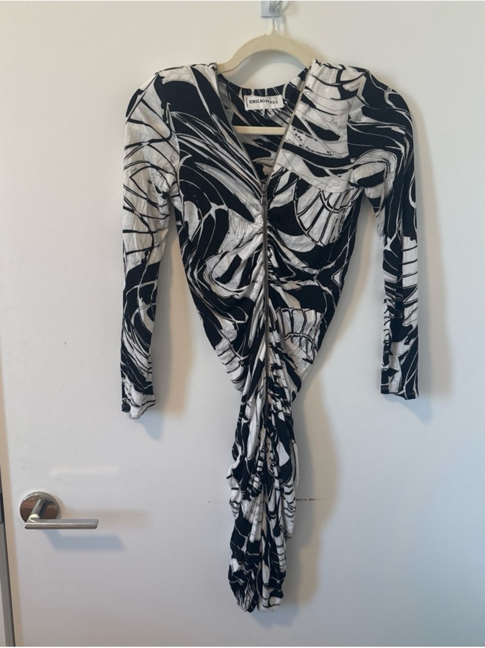 Emilio Pucci Black and White Ruched Long-Sleeve Twist Dress